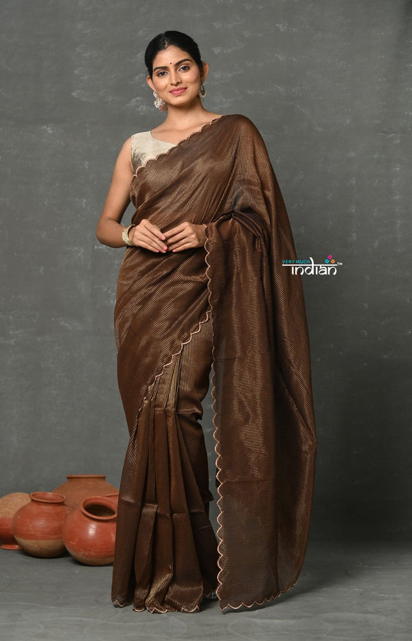 Very Much Indian Tyohaar - Mul Cotton Zari Design Handloom Woven Saree - Brown - Distacart