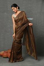 Thumbnail for Very Much Indian Tyohaar - Mul Cotton Zari Design Handloom Woven Saree - Brown - Distacart