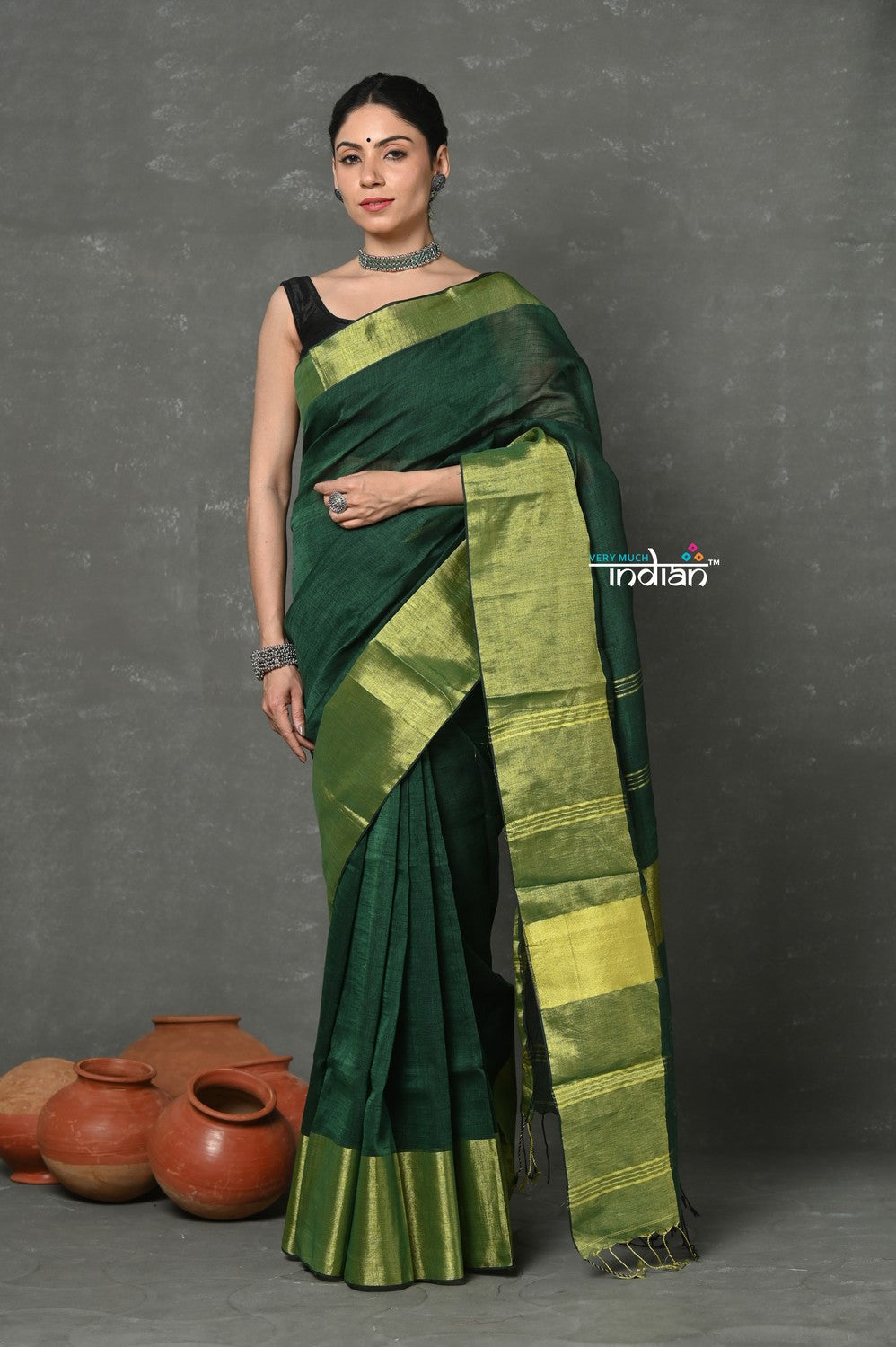 Very Much Indian Handloom Pure Cotton Linen Saree With Golden Border - Green - Distacart