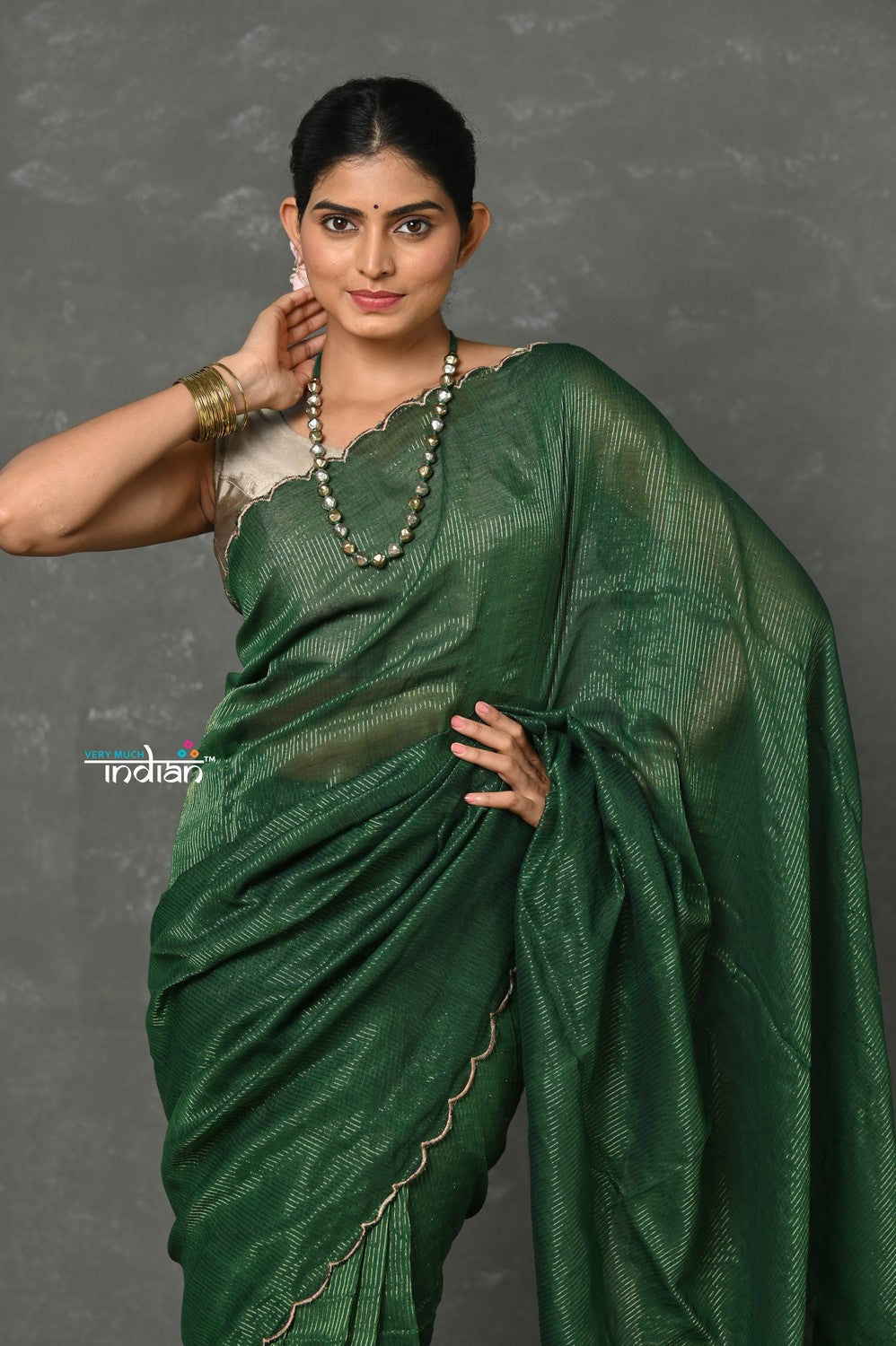 Very Much Indian Mul Cotton Zari Design Handloom Woven Saree - Dark Green - Distacart