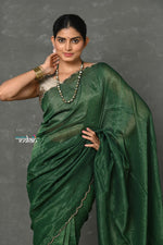 Thumbnail for Very Much Indian Tyohaar - Mul Cotton Zari Design Handloom Woven Saree - Dark Green