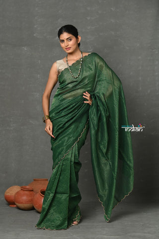 Very Much Indian Tyohaar - Mul Cotton Zari Design Handloom Woven Saree - Dark Green - Distacart