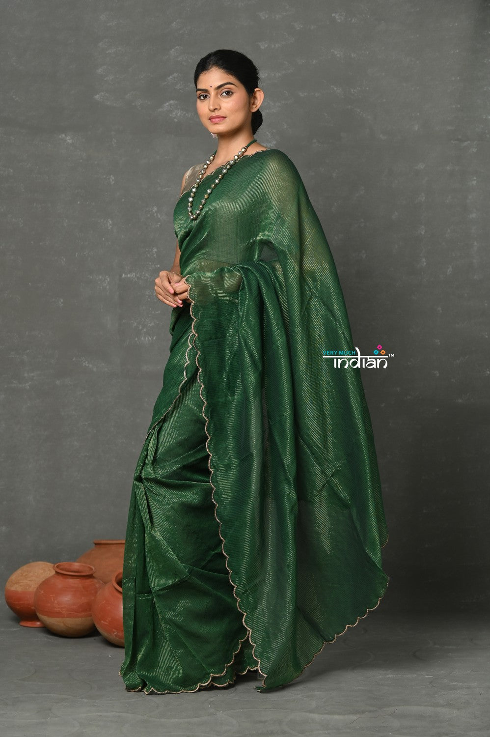 Very Much Indian Tyohaar - Mul Cotton Zari Design Handloom Woven Saree - Dark Green - Distacart
