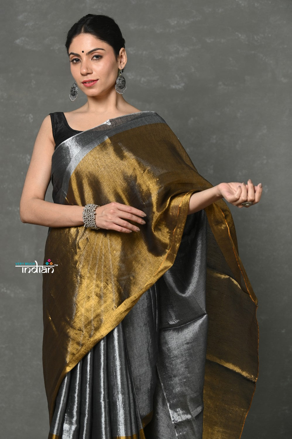 Very Much Indian Tyohaar - Fusion Cotton Tissue Shimmer Saree - Silver and Gold - Distacart