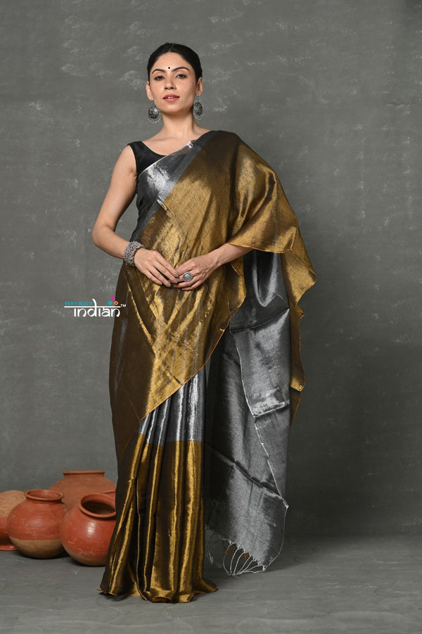 Very Much Indian Fusion Cotton Tissue Shimmer Saree - Silver and Gold - Distacart