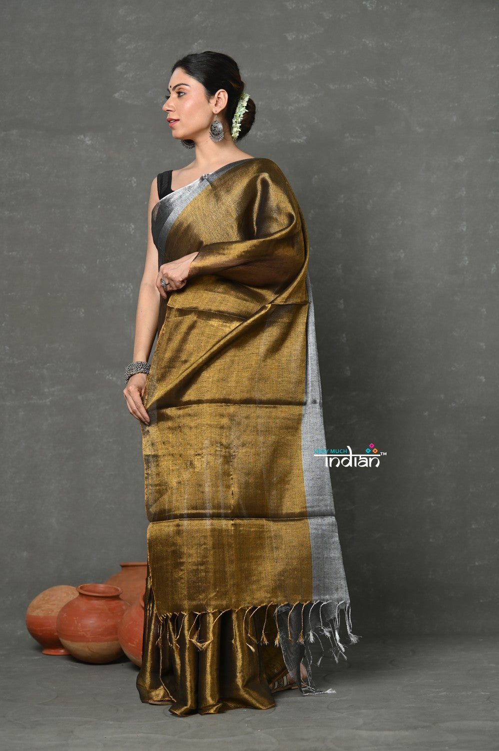 Very Much Indian Tyohaar - Fusion Cotton Tissue Shimmer Saree - Silver and Gold - Distacart