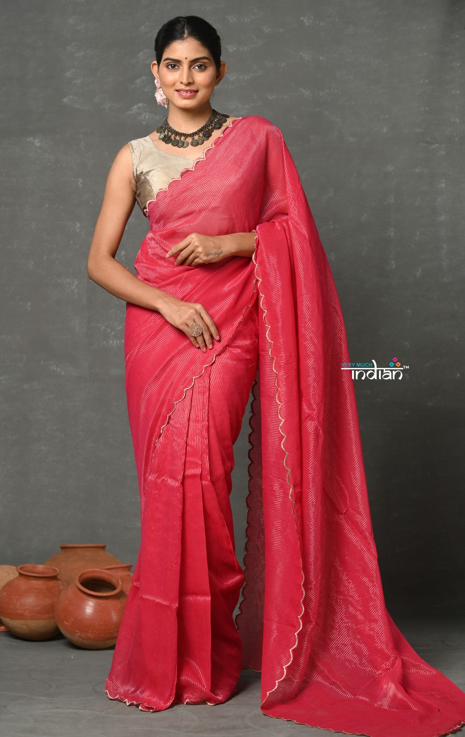 Very Much Indian Tyohaar - Mul Cotton Zari Design Handloom Woven Saree - Rani Pink - Distacart