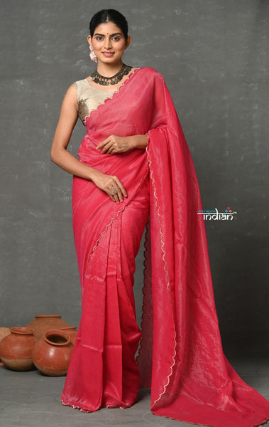 Very Much Indian Tyohaar - Mul Cotton Zari Design Handloom Woven Saree - Rani Pink