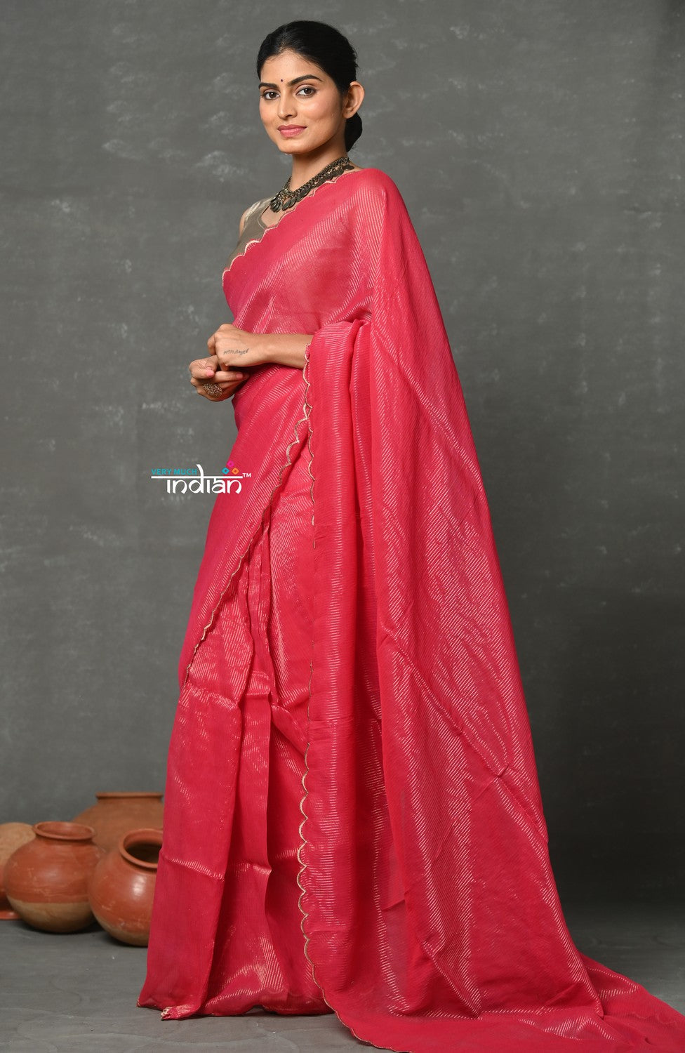 Very Much Indian Mul Cotton Zari Design Handloom Woven Saree - Rani Pink - Distacart