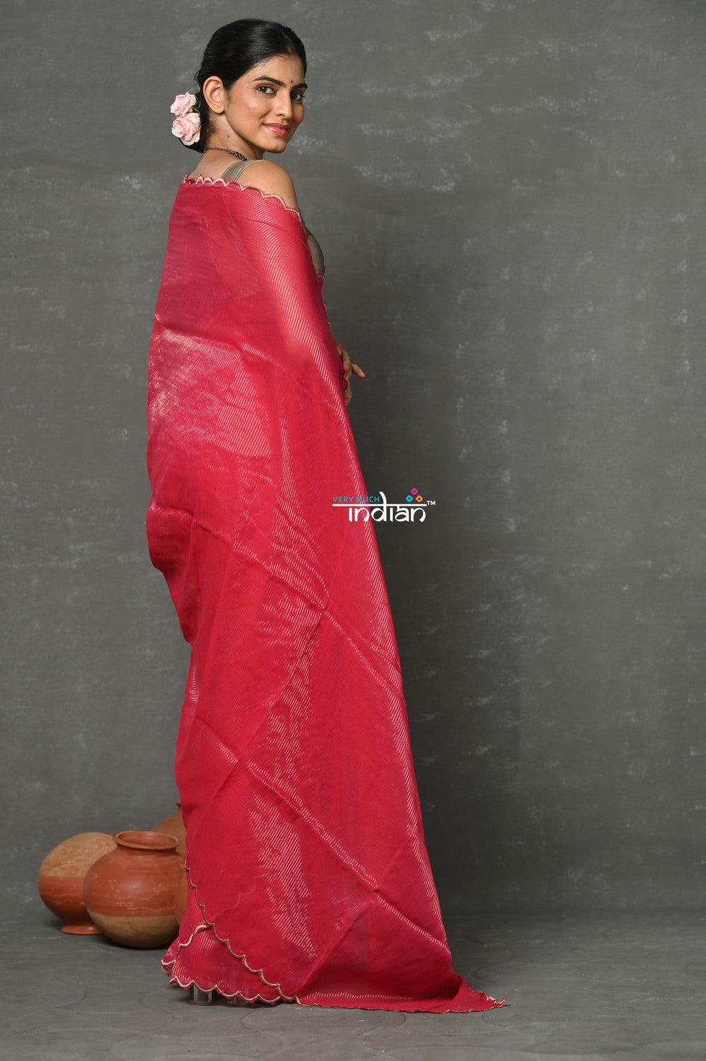 Very Much Indian Tyohaar - Mul Cotton Zari Design Handloom Woven Saree - Rani Pink