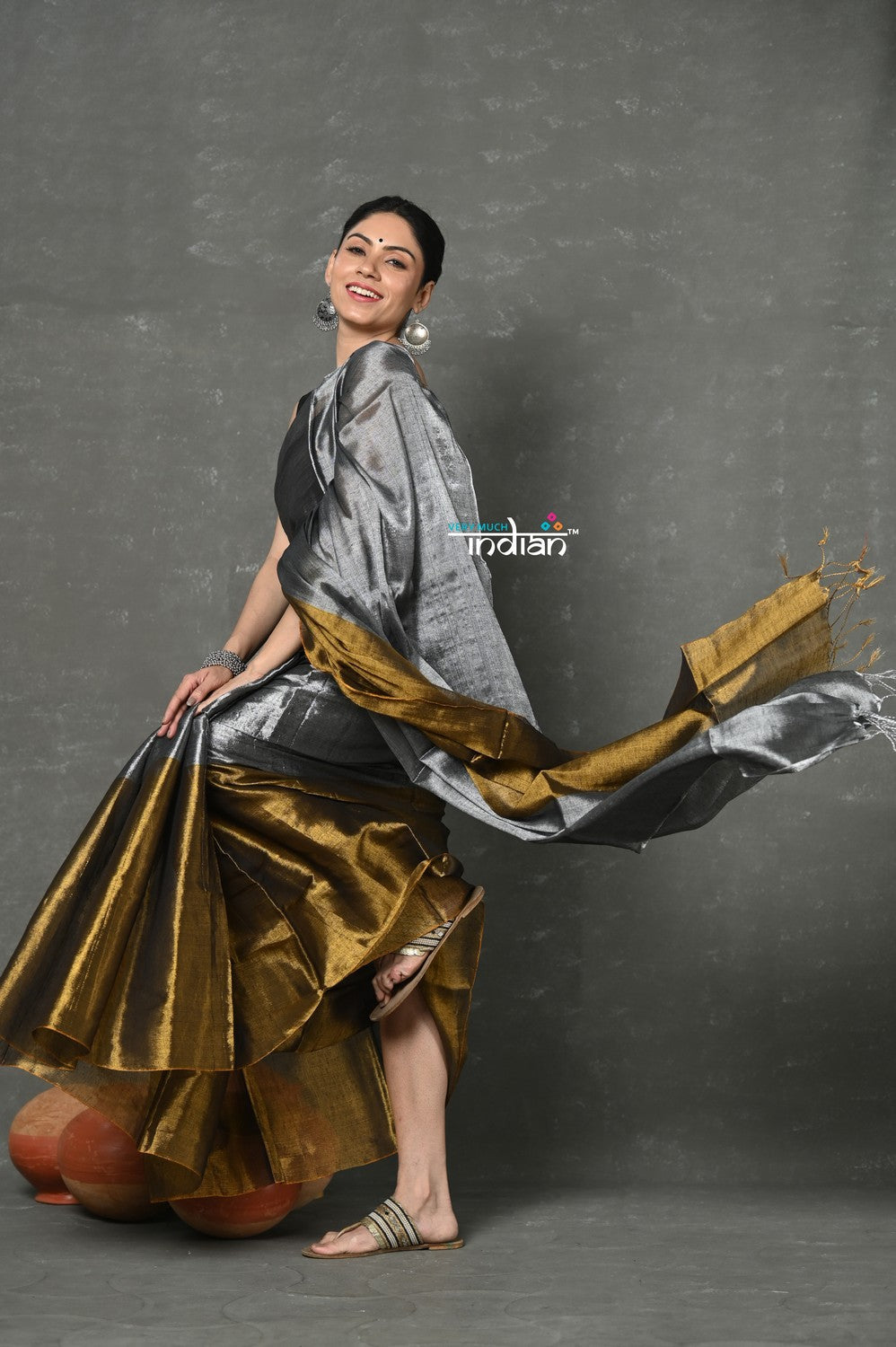 Very Much Indian Fusion Cotton Tissue Shimmer Saree - Silver and Gold - Distacart
