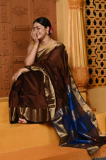 Thumbnail for Very Much Indian Gaurangi - Handloom Cotton Silk Saree with Golden Border in Exclusive Dual Tone Brown with Blue Pallu