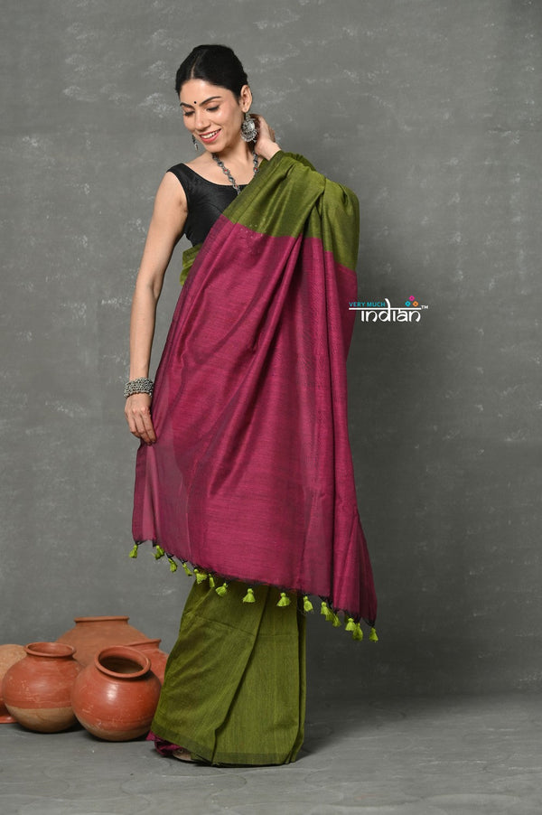Very Much Indian Tyohaar - Pure Mul Cotton Handloom Saree - Mehendi Green - Distacart