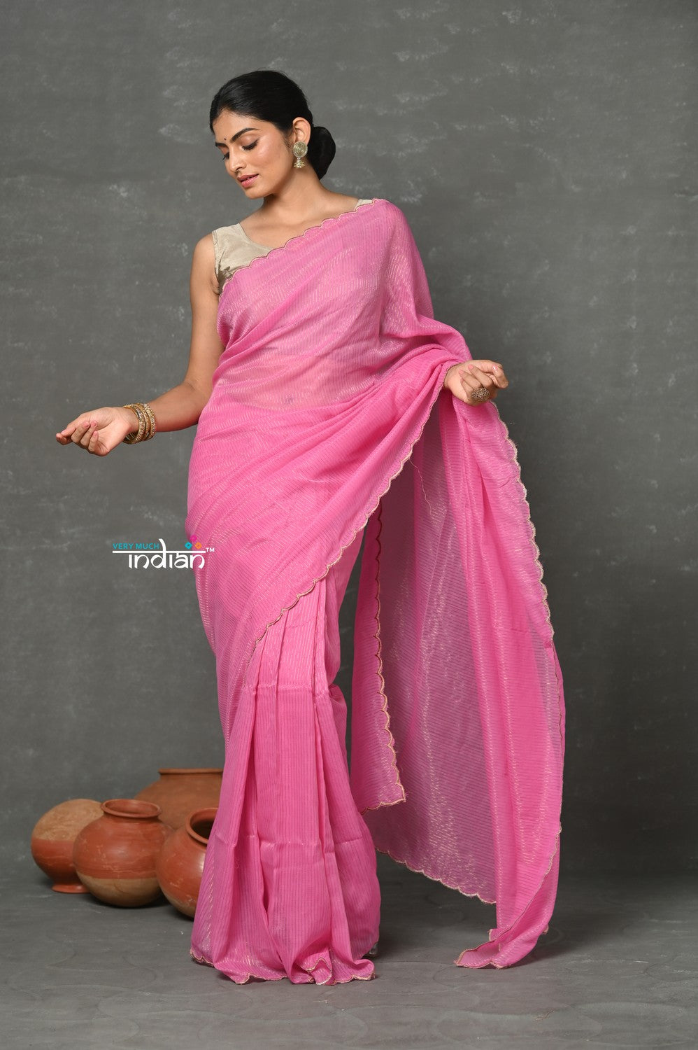 Very Much Indian Tyohaar - Mul Cotton Zari Design Handloom Woven Saree - Heather Pink - Distacart