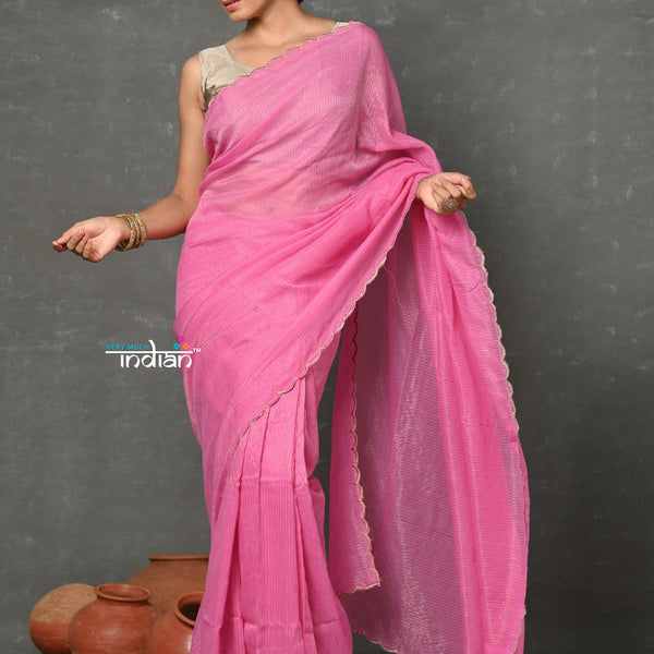 Very Much Indian Tyohaar - Mul Cotton Zari Design Handloom Woven Saree - Heather Pink - Distacart