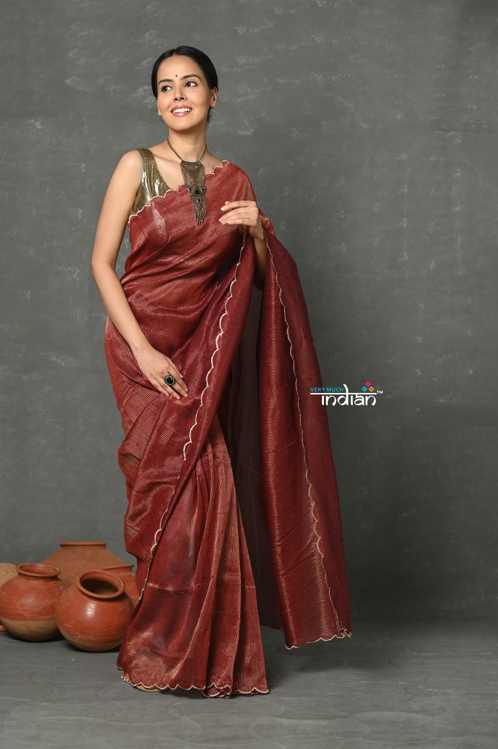 Very Much Indian Tyohaar - Mul Cotton Zari Design Handloom Woven Saree - Maroon - Distacart