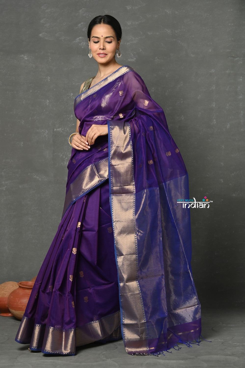 Very Much Indian Tyohaar - Handloom Pure Cotton Silk Saree With Golden Border - Violet - Distacart
