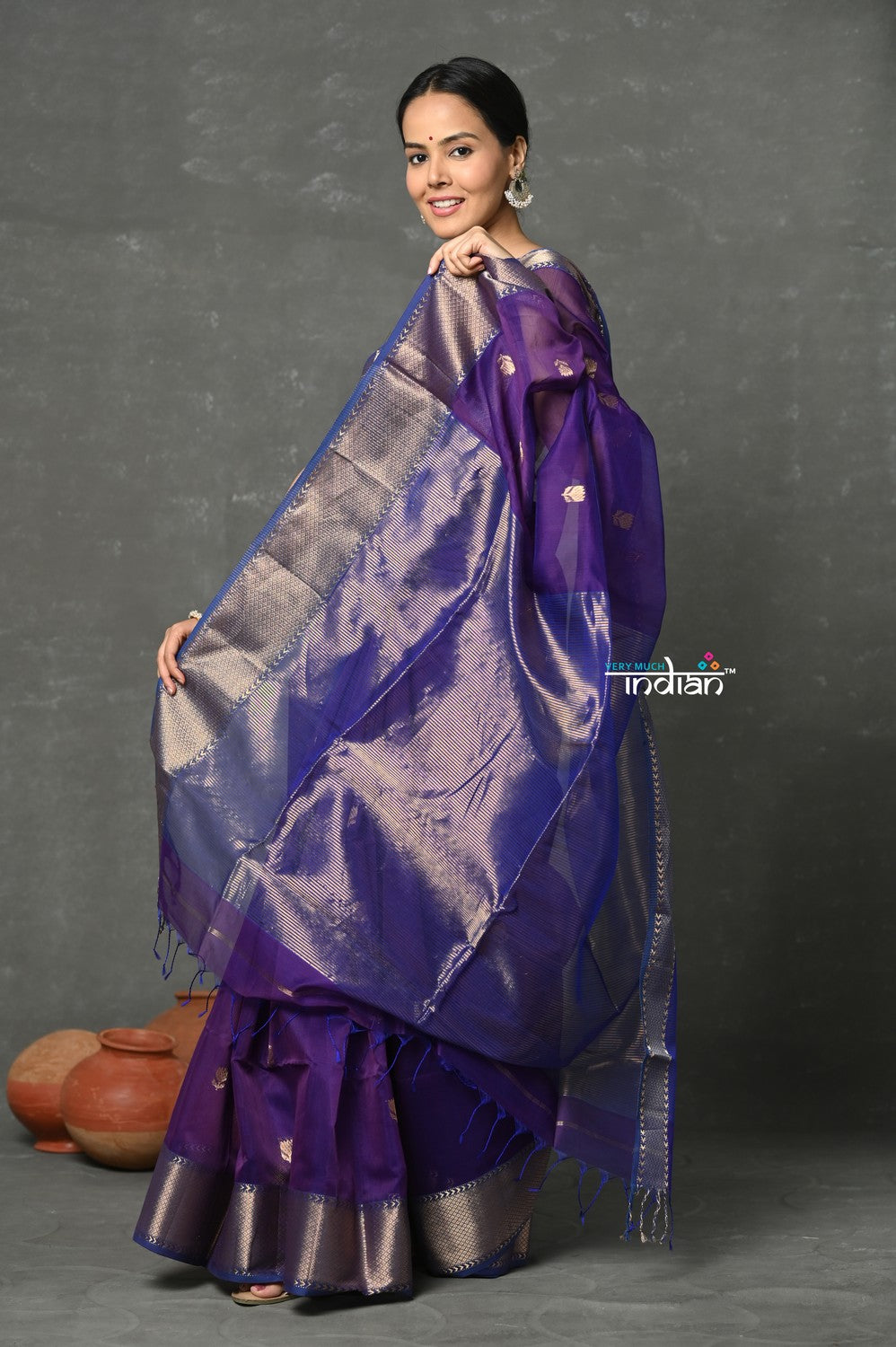 Very Much Indian Tyohaar - Handloom Pure Cotton Silk Saree With Golden Border - Violet - Distacart