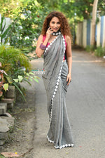 Thumbnail for Very Much Indian Taapsee - Designer! Pure Mul Cotton Saree with Sleek Border - Salient Grey - Distacart