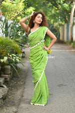 Thumbnail for Very Much Indian Taapsee - Designer! Pure Mul Cotton Saree with Sleek Border - Leaf Green - Distacart