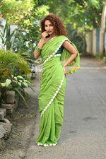Thumbnail for Very Much Indian Taapsee - Designer! Pure Mul Cotton Saree with Sleek Border - Leaf Green - Distacart