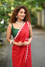 Thumbnail for Very Much Indian Taapsee - Designer! Pure Mul Cotton Saree with Sleek Border - Bright Red - Distacart