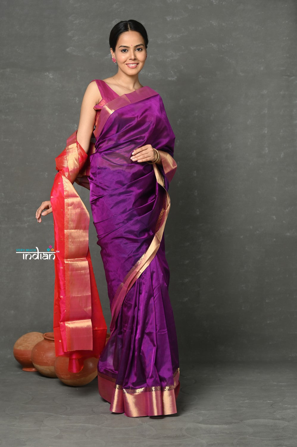 Very Much Indian Handloom Pure Cotton Silk Saree With Golden Border - Purple Pink - Distacart