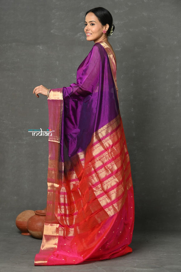 Very Much Indian Tyohaar - Handloom Pure Chanderi Cotton Silk Saree With Golden Border - Purple Pink - Distacart
