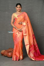 Thumbnail for Very Much Indian Tyohaar - Handloom Pure Chanderi Cotton Silk Saree With Golden Border - Peach - Distacart