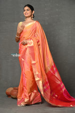 Thumbnail for Very Much Indian Handloom Pure Cotton Silk Saree With Golden Border - Peach - Distacart