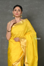 Thumbnail for Very Much Indian Handloom Pure Cotton Silk Saree With Golden Border - Yellow - Distacart