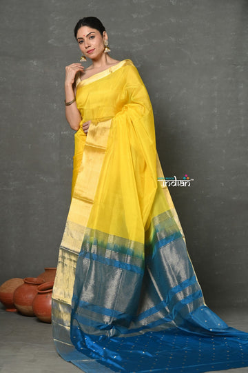 Very Much Indian Handloom Pure Cotton Silk Saree With Golden Border - Yellow - Distacart