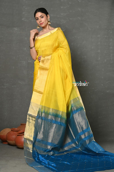Very Much Indian Handloom Pure Cotton Silk Saree With Golden Border - Yellow - Distacart