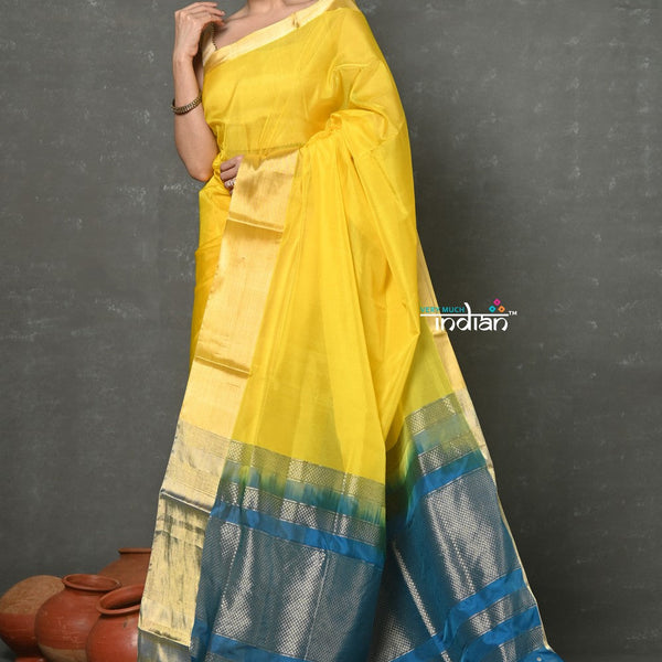 Very Much Indian Tyohaar - Handloom Pure Chanderi Cotton Silk Saree With Golden Border - Yellow - Distacart