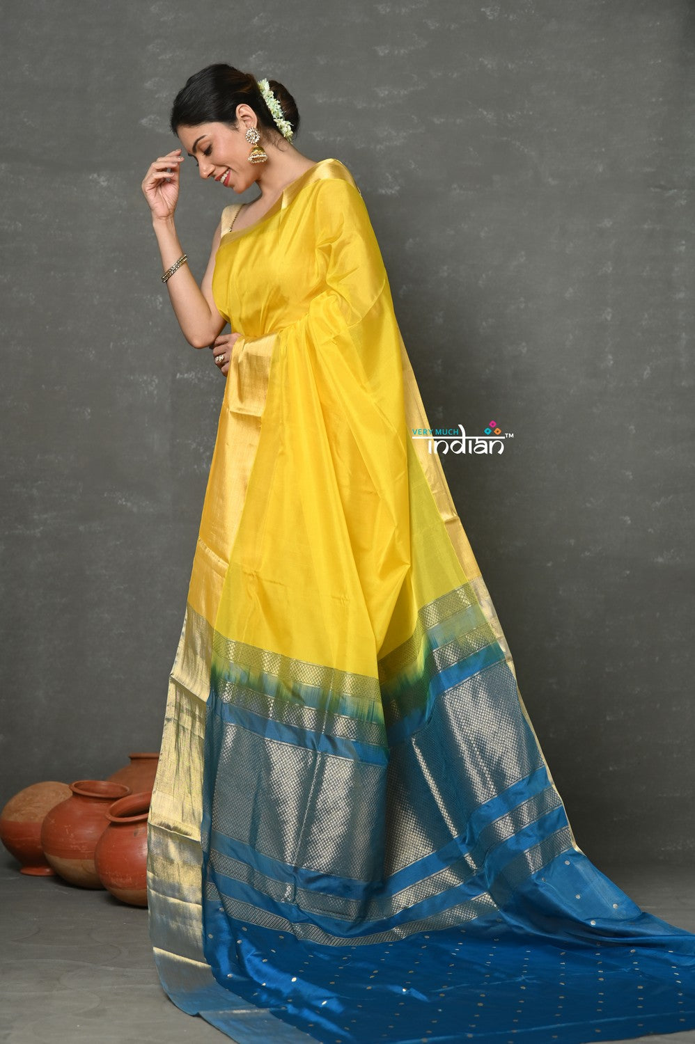 Very Much Indian Tyohaar - Handloom Pure Chanderi Cotton Silk Saree With Golden Border - Yellow - Distacart