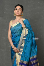 Thumbnail for Very Much Indian Tyohaar - Handloom Pure Chanderi Cotton Silk Saree With Golden Border - Blue - Distacart