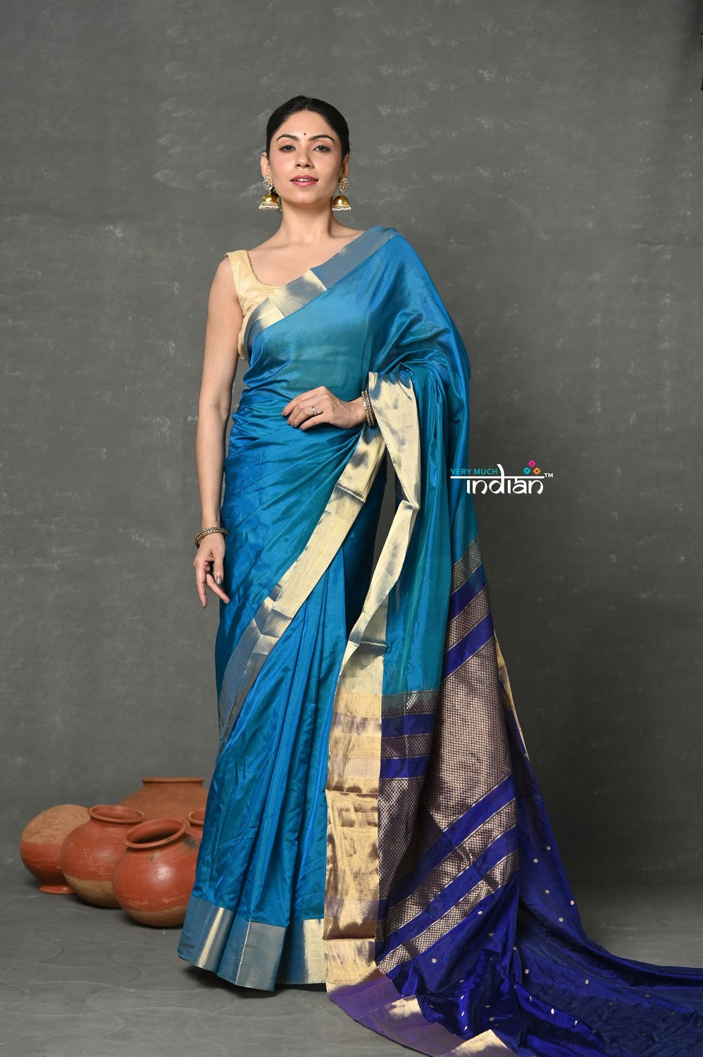 Very Much Indian Tyohaar - Handloom Pure Chanderi Cotton Silk Saree With Golden Border - Blue - Distacart