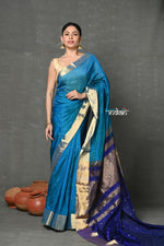 Thumbnail for Very Much Indian Tyohaar - Handloom Pure Chanderi Cotton Silk Saree With Golden Border - Blue - Distacart