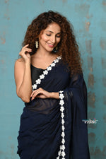 Thumbnail for Very Much Indian Taapsee - Designer! Pure Mul Cotton Saree with Sleek Border - Dark Blue - Distacart