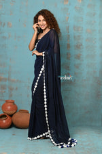Thumbnail for Very Much Indian Taapsee - Designer! Pure Mul Cotton Saree with Sleek Border - Dark Blue - Distacart