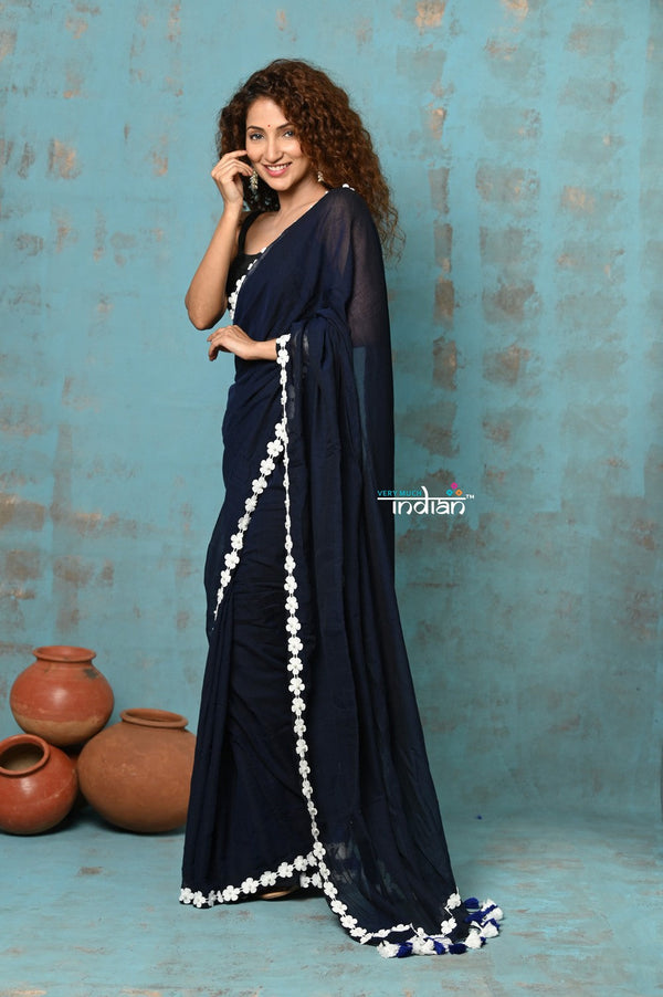 Very Much Indian Taapsee - Designer! Pure Mul Cotton Saree with Sleek Border - Dark Blue - Distacart