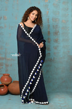 Thumbnail for Very Much Indian Taapsee - Designer! Pure Mul Cotton Saree with Sleek Border - Dark Blue - Distacart
