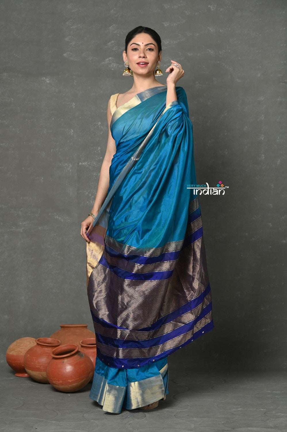 Very Much Indian Handloom Pure Cotton Silk Saree With Golden Border - Blue - Distacart