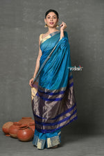 Thumbnail for Very Much Indian Tyohaar - Handloom Pure Chanderi Cotton Silk Saree With Golden Border - Blue - Distacart