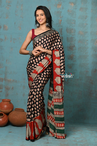 Very Much Indian Handloom Modal Silk Saree With Ajrakh Handblock Print With Eco-Friendly Vegetable Dye- Black - Distacart