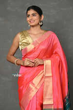 Thumbnail for Very Much Indian Tyohaar - Handloom Pure Chanderi Cotton Silk Saree With Golden Border - Pink - Distacart