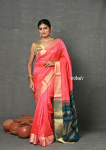 Thumbnail for Very Much Indian Tyohaar - Handloom Pure Chanderi Cotton Silk Saree With Golden Border - Pink - Distacart