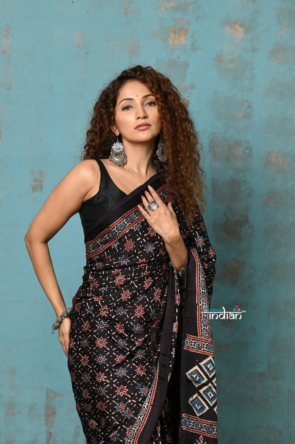 Very Much Indian Handloom Modal Silk Saree With Ajrakh Handblock Print With Eco-Friendly Vegetable Dye- Black Hue - Distacart
