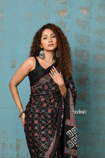 Thumbnail for Very Much Indian Handloom Modal Silk Saree With Ajrakh Handblock Print With Eco-Friendly Vegetable Dye- Black Hue - Distacart