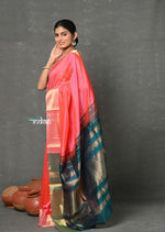 Thumbnail for Very Much Indian Tyohaar - Handloom Pure Chanderi Cotton Silk Saree With Golden Border - Pink - Distacart